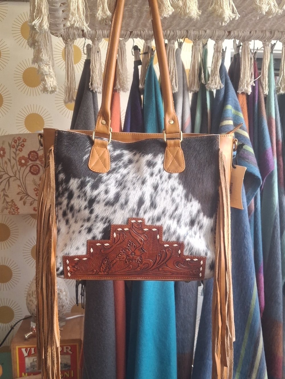 Fringe Cowhide Tote with Tooled Leather Accent - Black & White